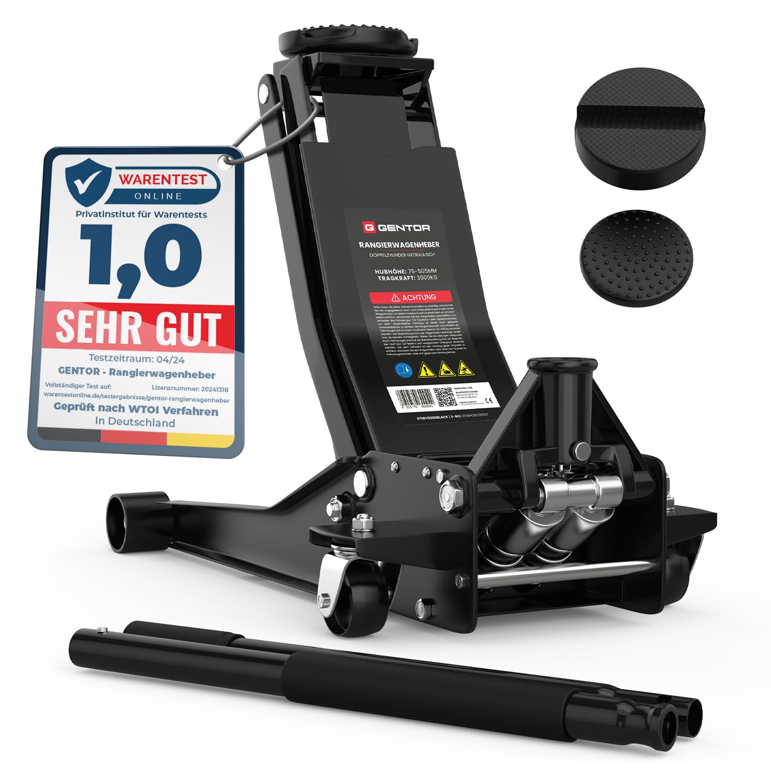 Cric Idraulico 3T 75 505 mm Professionale Auto SUV Sollevatore Pesante Ruote 360° Nero