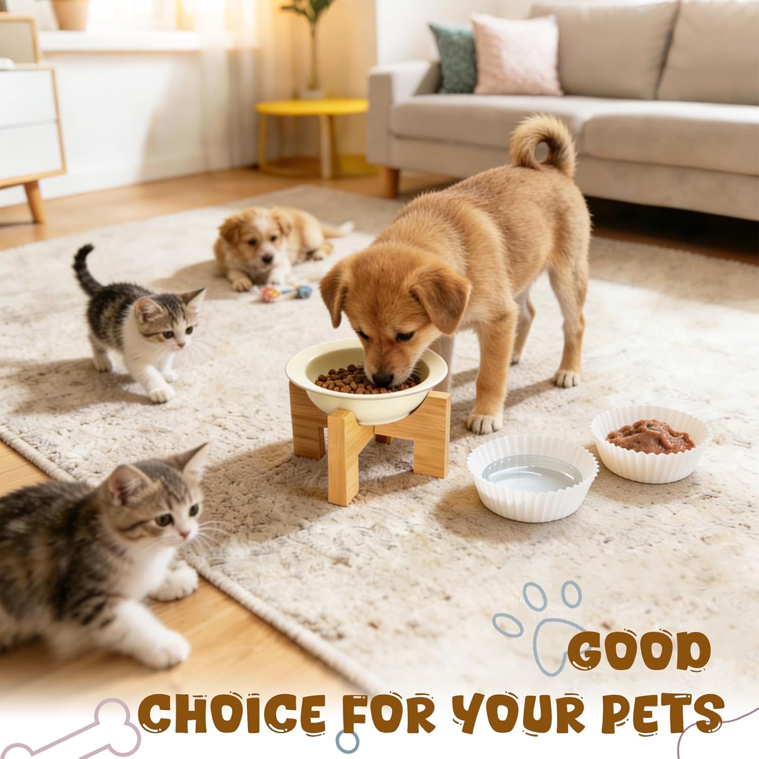 Elevated Dog Bowls Stand for Small & Medium Dogs, Ceramic Dog Bowl with 3.2 inch Bamboo Stand - Anti Vomiting, with 200 Pcs Disposable Feeding Bowls Liner Bulk