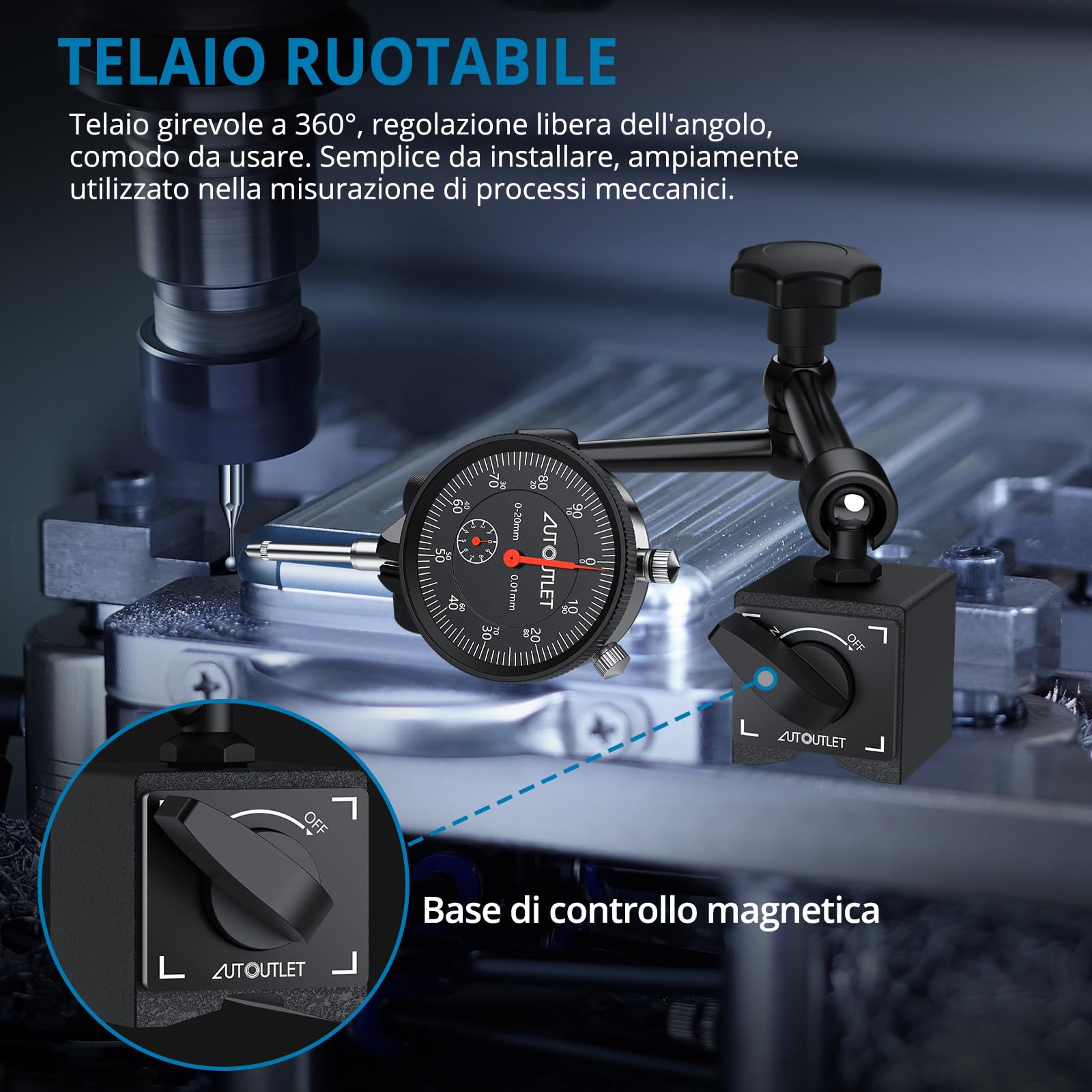 AUTOUTLET Set Comparatore Meccanico con Base Magnetica,Trazione Massima 132 Libbre/60 KG,Campo di Misura 0-20 mm,Supporto Universale del Comparatore,Interruttore ON/OFF