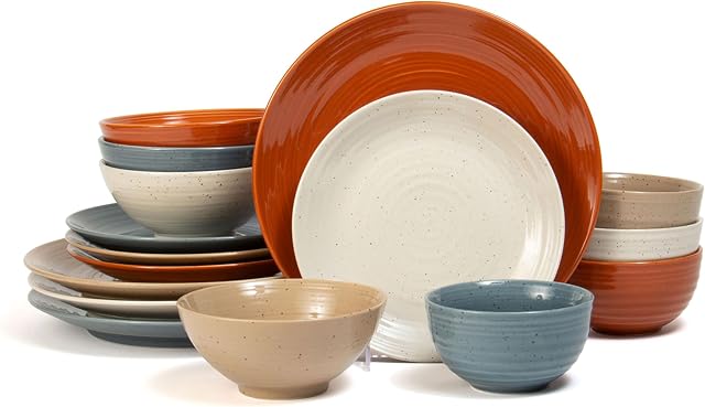 Sango Siterra Peintre Palette 16-Piece Ensemble de vaisselle en grès avec plaques rondes et bols, multicolore