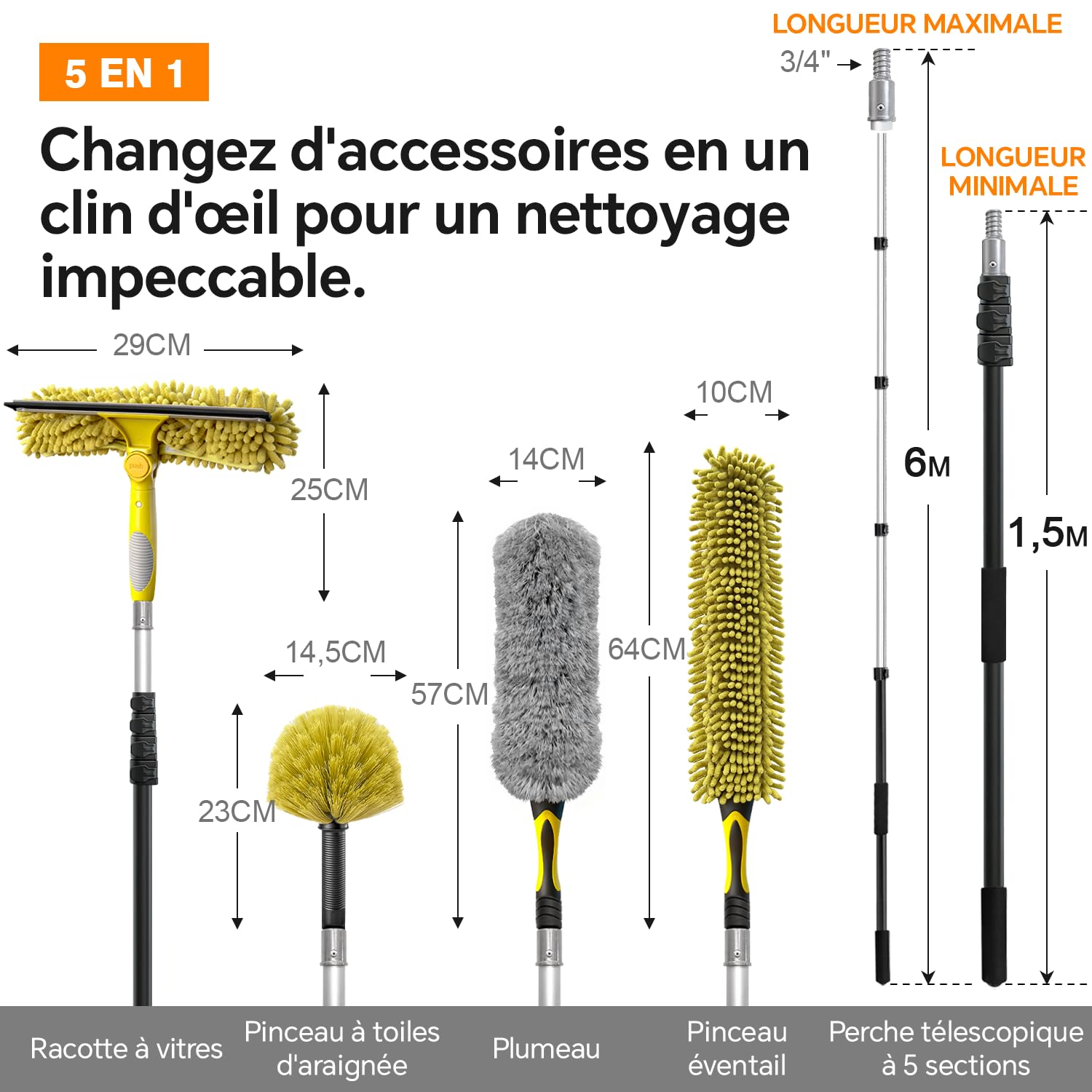 ARTIPOLY Kit d'extension télescopique de 6 m, Haute portée plumeau 5 en 1