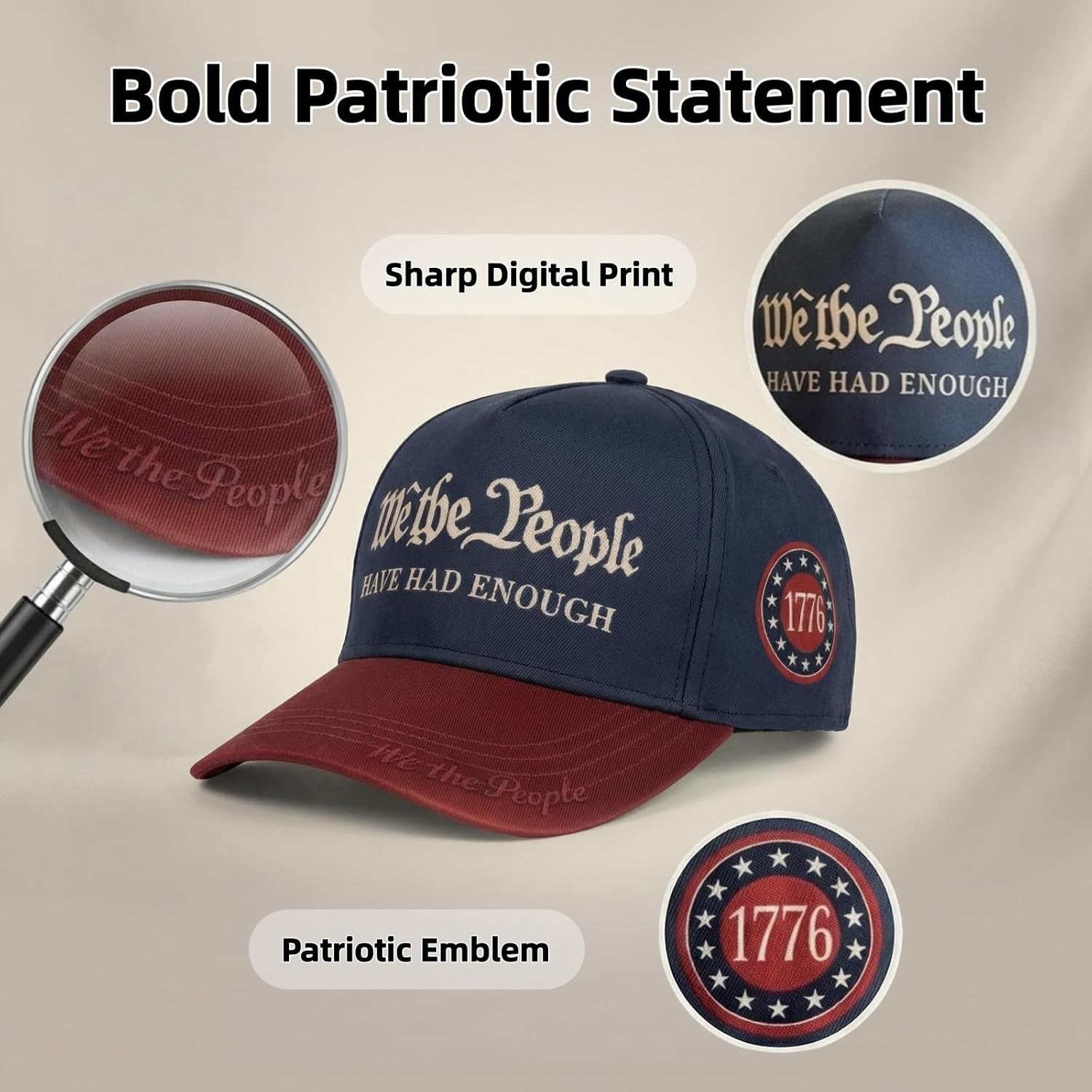 We The People Have Had Enough Hat, Patriotic USA Baseball Cap for Men Women, Structured Crown, Sublimation Print, 1776 Statement Hat Blue