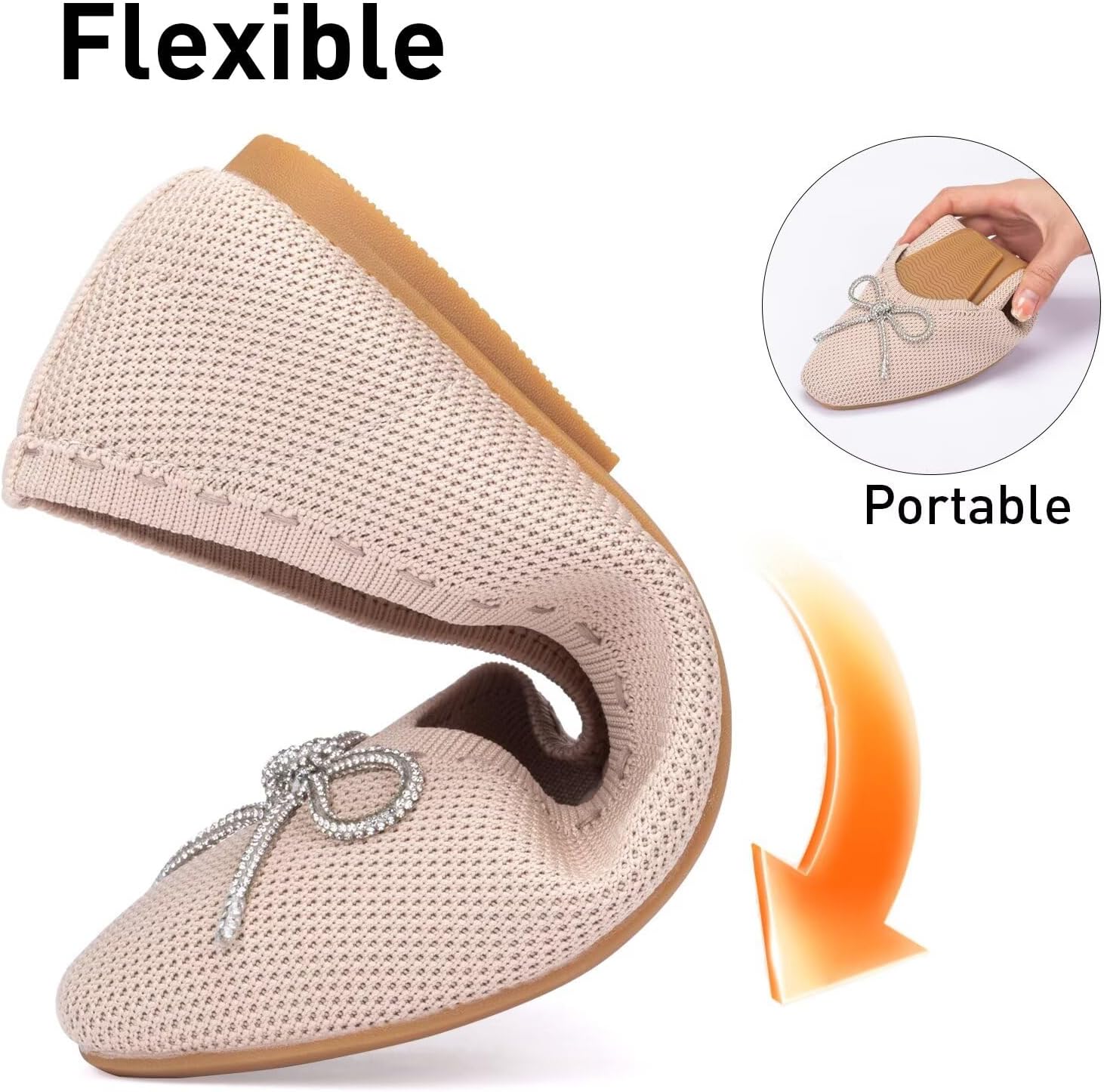 Frank Mully Ballet Flats for Women Square-Toe Flats with Rhinestone Bow Knot Casual Knitted Flat Shoes for Dressy/Office/Everyday Wear