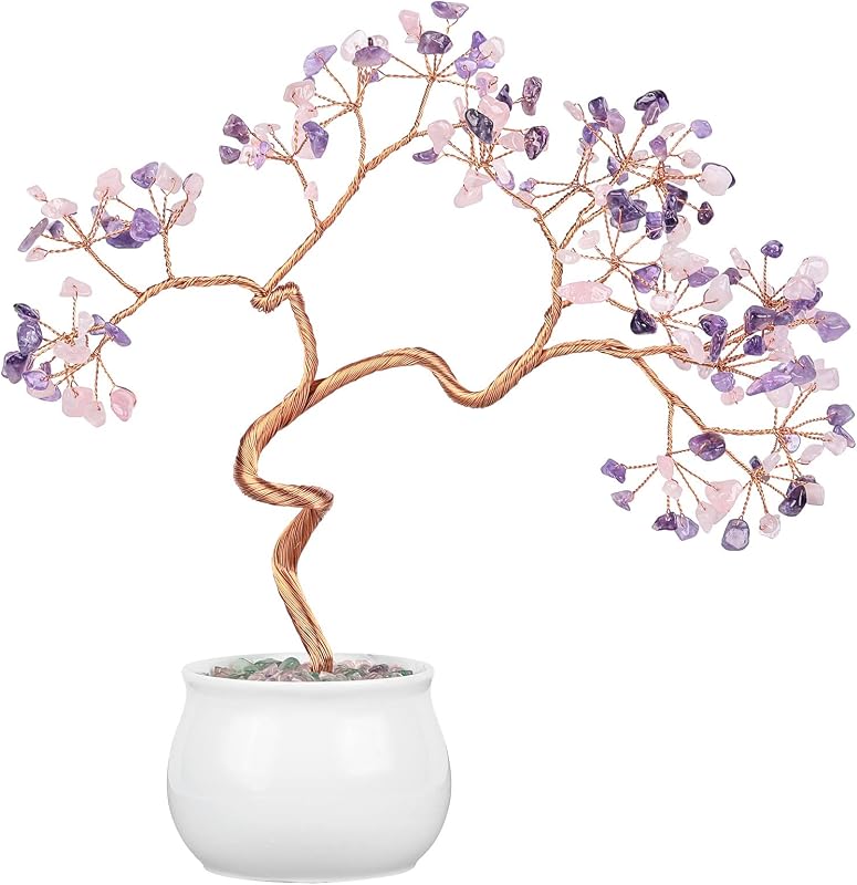mookaitedecor Kristály Pénzfa Kerámia Alappal - 8-9,5" Ametiszt és Rózsakvarc Bonsai Feng Shui Dekoráció Otthonra, Irodába
AI: I've created