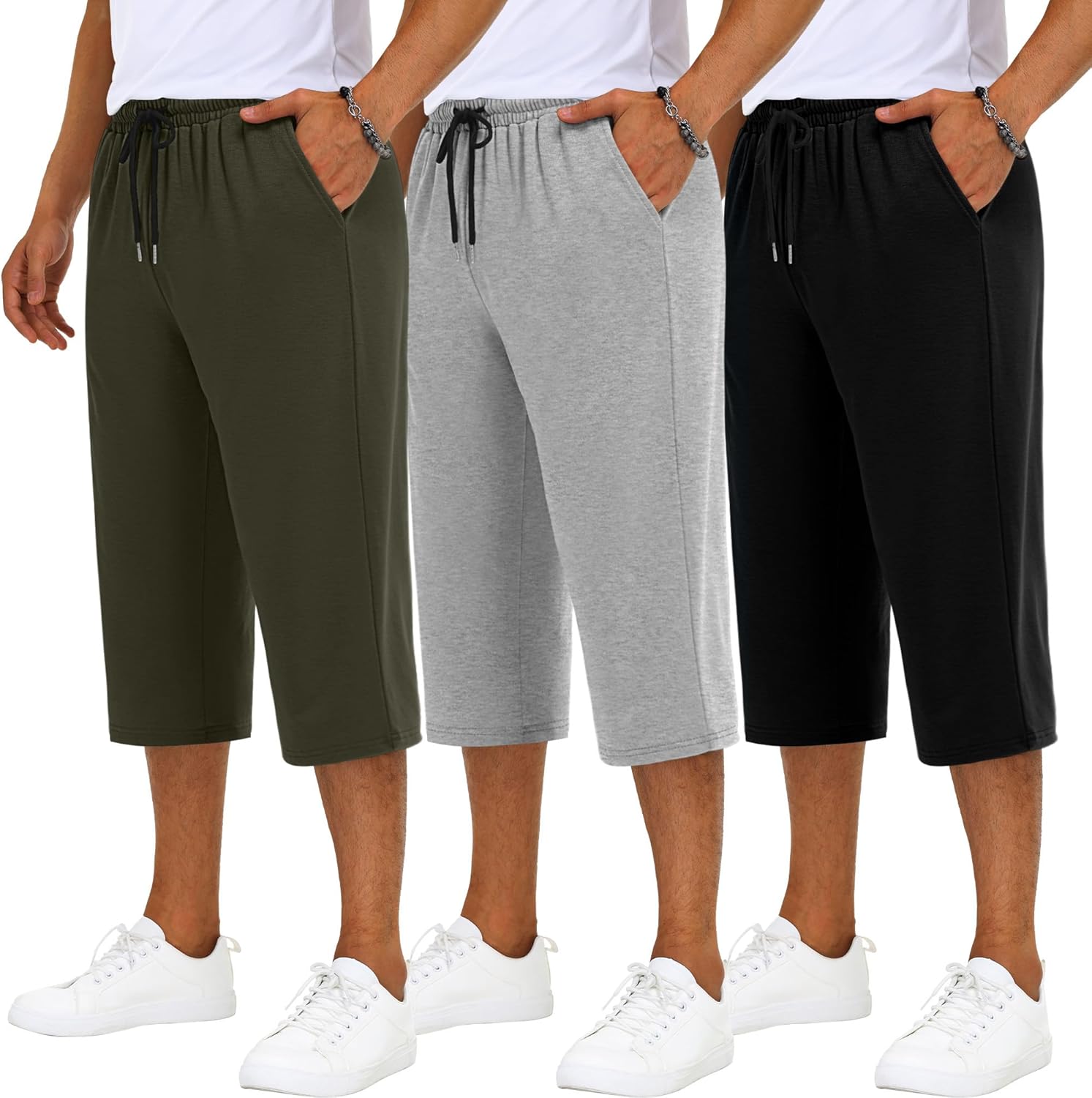 Neer 3 Pack Men's Baggy Capri Pants Plus Size Below Knee Casual 3/4 Shorts Big and Tall Summer Drawstring Pants with Pockets