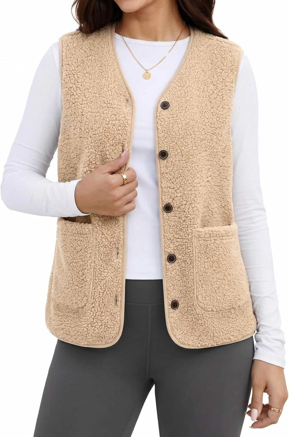 Women's Fleece Fuzzy Vest Winter Warm V Neck Sleeveless Outerwear Lightweight Casual Waistcoat with Pocket