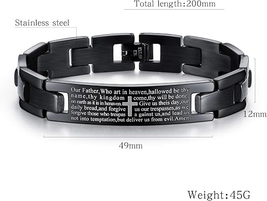 Mens Bracelet Lords Prayer Cross Stainless Steel Link Chain ID Bracelet