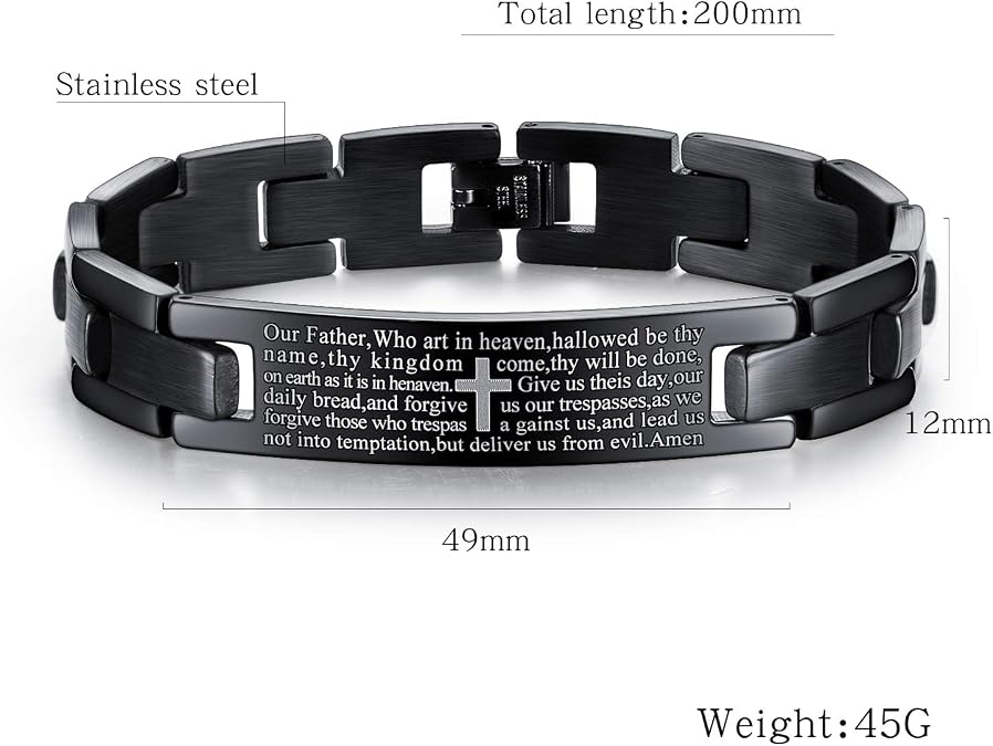 Mens Bracelet Lords Prayer Cross Stainless Steel Link Chain ID Bracelet
