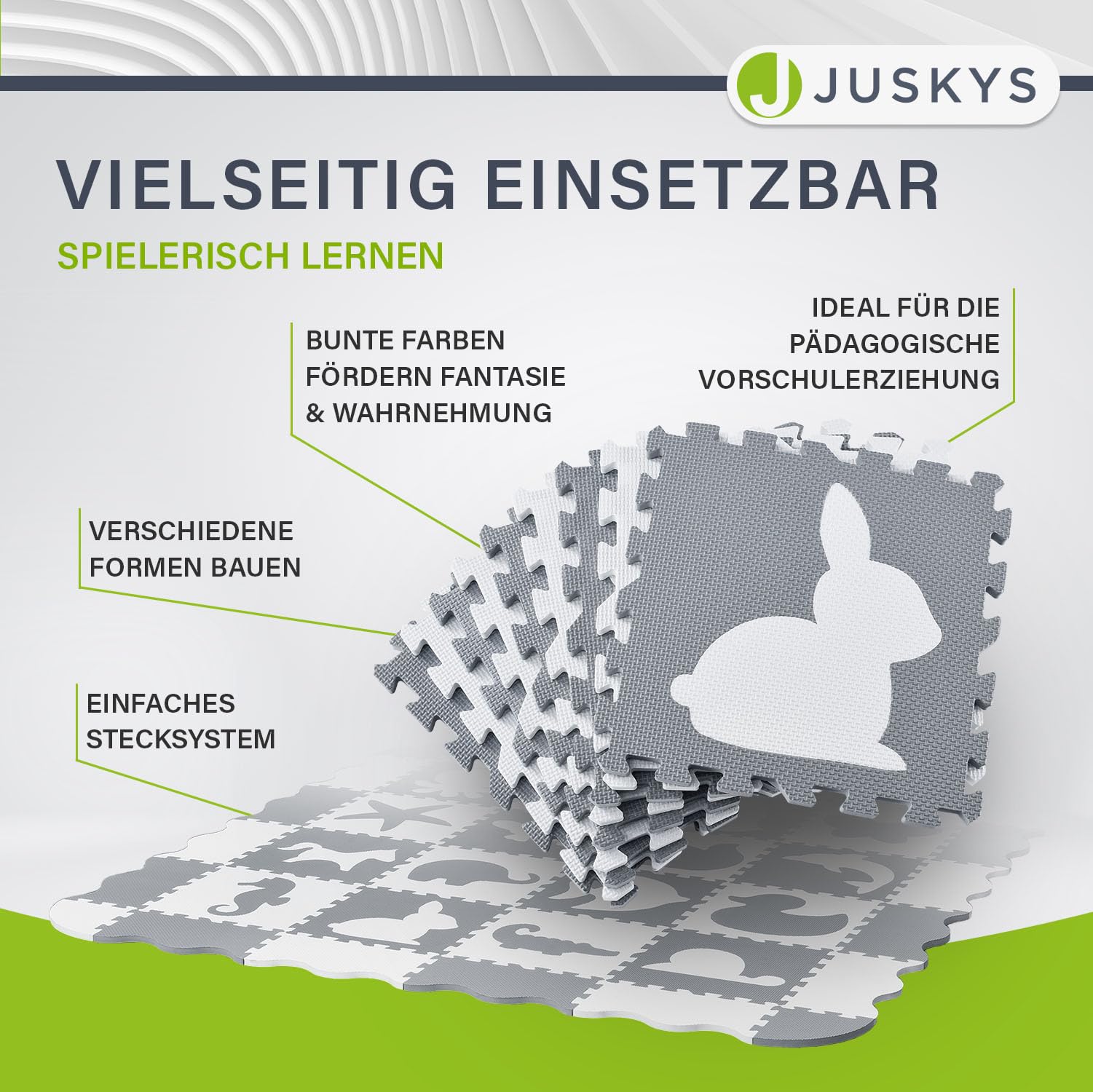 Juskys Kinder Puzzlematte Timon 36 Teile mit 16 Tieren in grau weiß - rutschfest & abwischbar Puzzle ab 10 Monate - Eva Schaumstoff - Spielmatte
