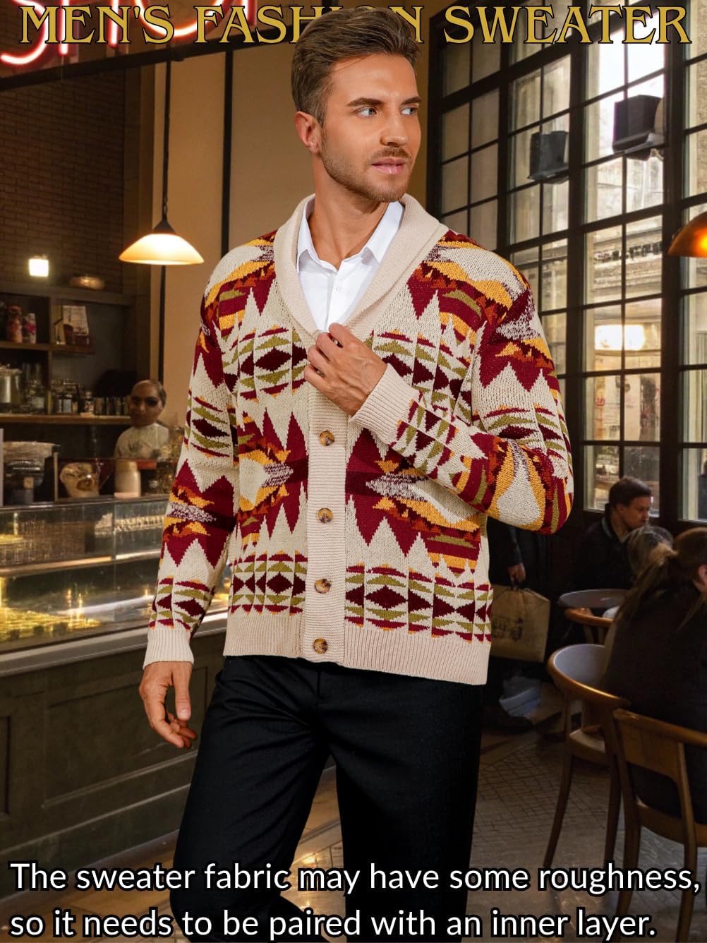 Men's Aztec Casual Cardigan with Pockets, Shawl Collar Button Down Crochet Western Sweater Coat Fits Chest 36-46 - Image 2
