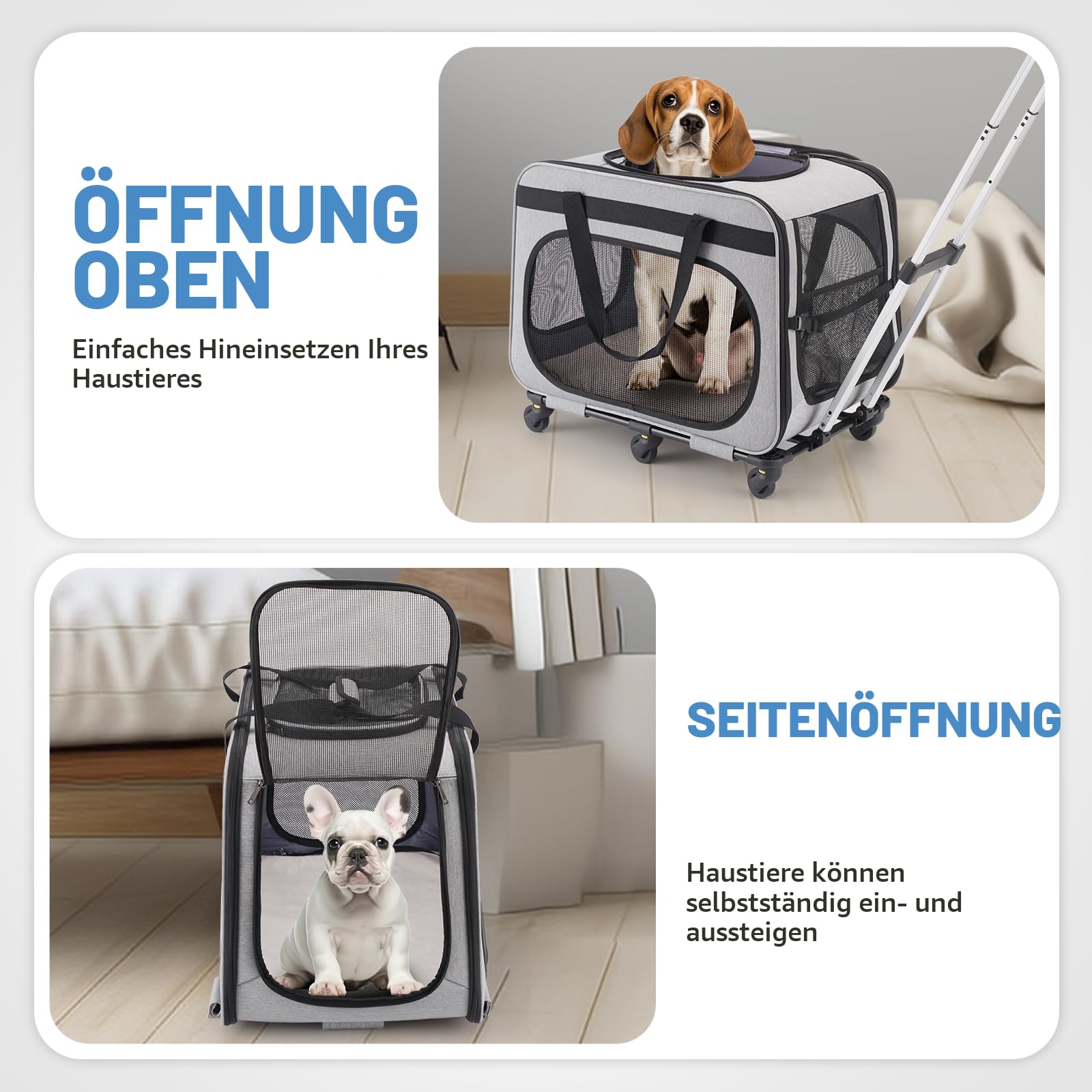 Transportbox Katze Groß bis 20kg, 2-in-1 Hunde Transportbox mit Rollen, Katzentransportbox Hundebox Auto, Faltbare Haustierreisetrage für Katzen/Hunde, Grau