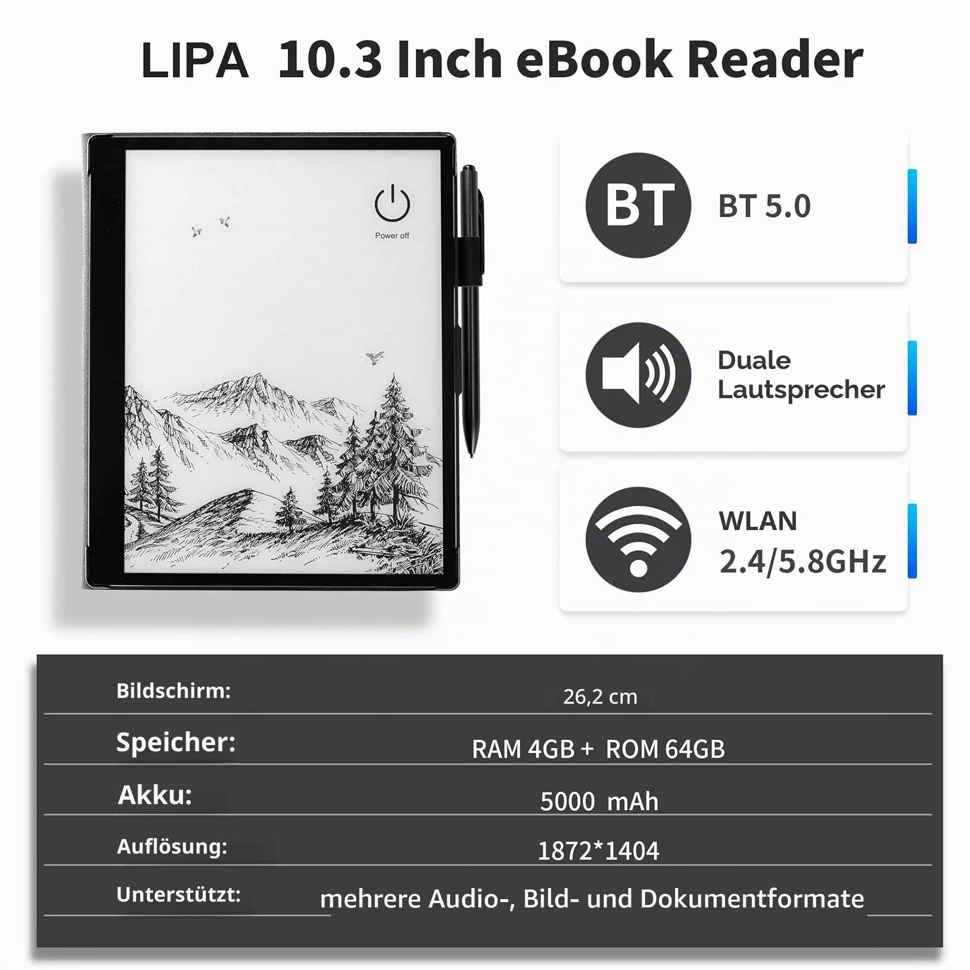 Lipa ET10 Ereader 10 Zoll - 64GB - 4GB RAM - Mehr Sprachen - Ebook & Hörbuch - E-Reader für Ebooks - Mit Google Playstore - Mit Hülle und Stylus Pen - E-Ink - Notizen möglich
