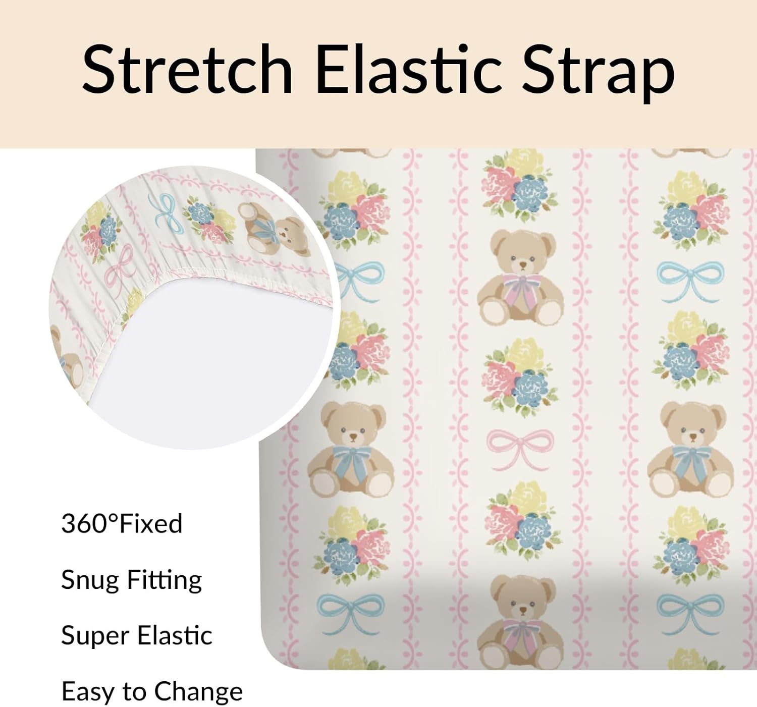 Cute Bears Boho Flowers Baby Boys Girls Crib Sheets Pastel Bear Pink Blue Bows Striped Soft Baby Sheets Watercolor Animals Fitted Crib Mattress Cover for Standard Crib Mattress 52"x28"