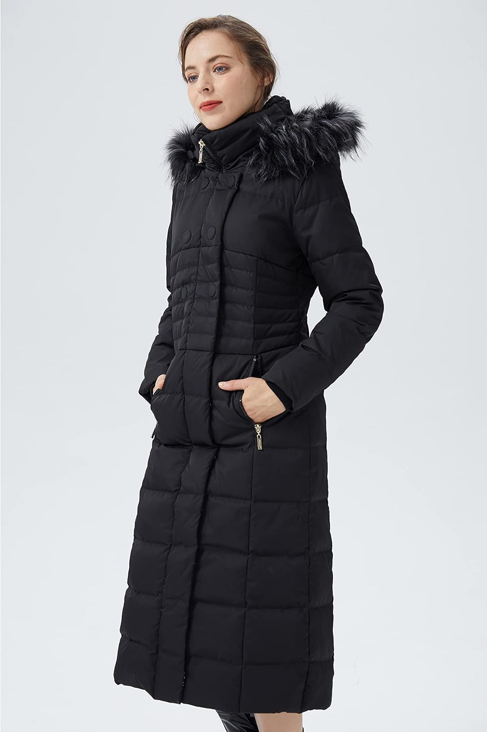 Orolay Women Warm Down Jacket with Hood Fur Long Puffer Coat - Image 3