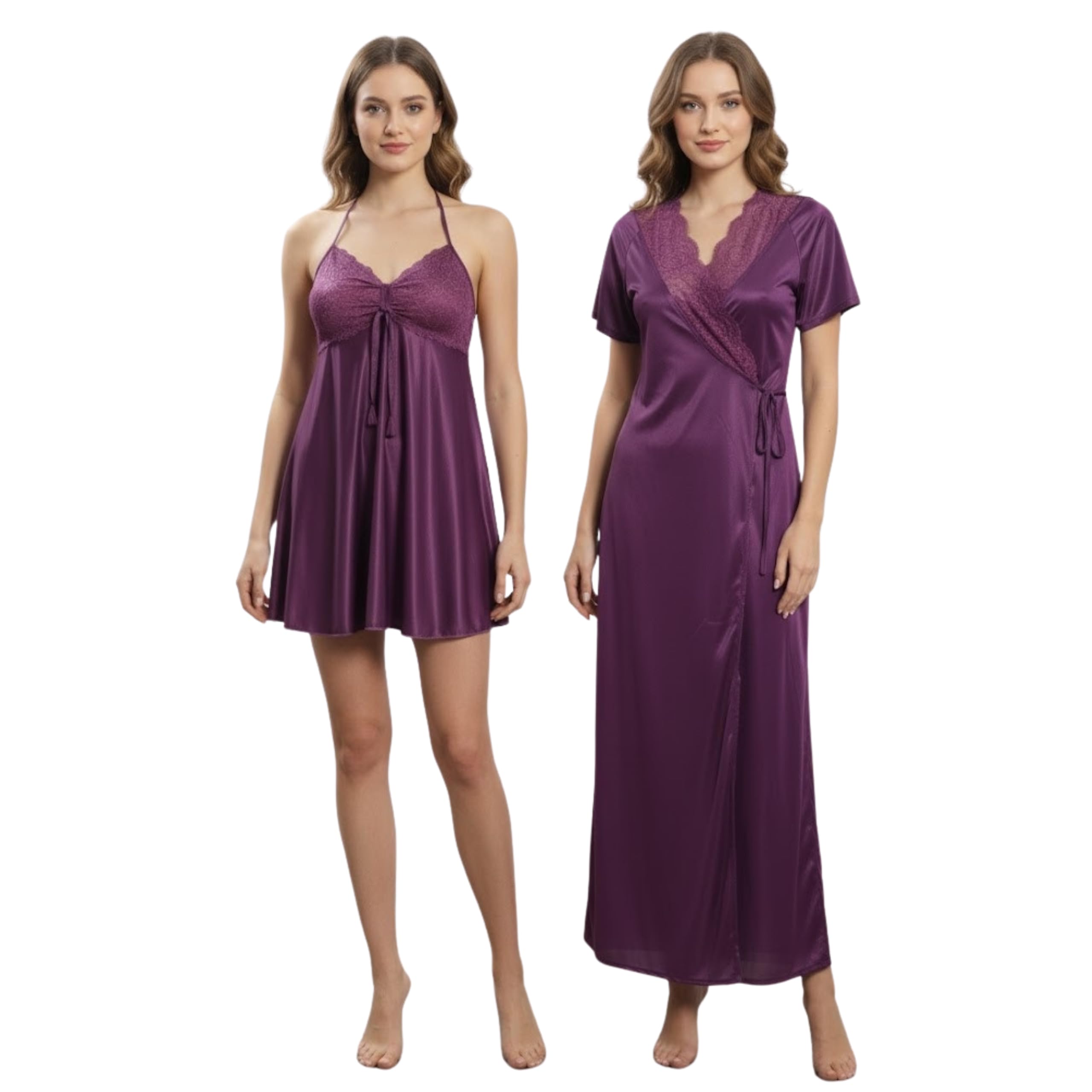 Women Satin Nightdress with Long Robe Set – 2 Piece Silk Feel Nightwear, Lace Trim Short Nighty with Full Length Wrap Robe, Luxury Bridal Sleepwear for Women-image-19