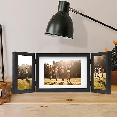 Miniatura 2 de DECOCIAGA 3 marcos de fotos plegables con bisagras de 4 x 6 y 5 x 7 pulgadas, múltiples marcos de fotos de madera para escritorio con paspartú para