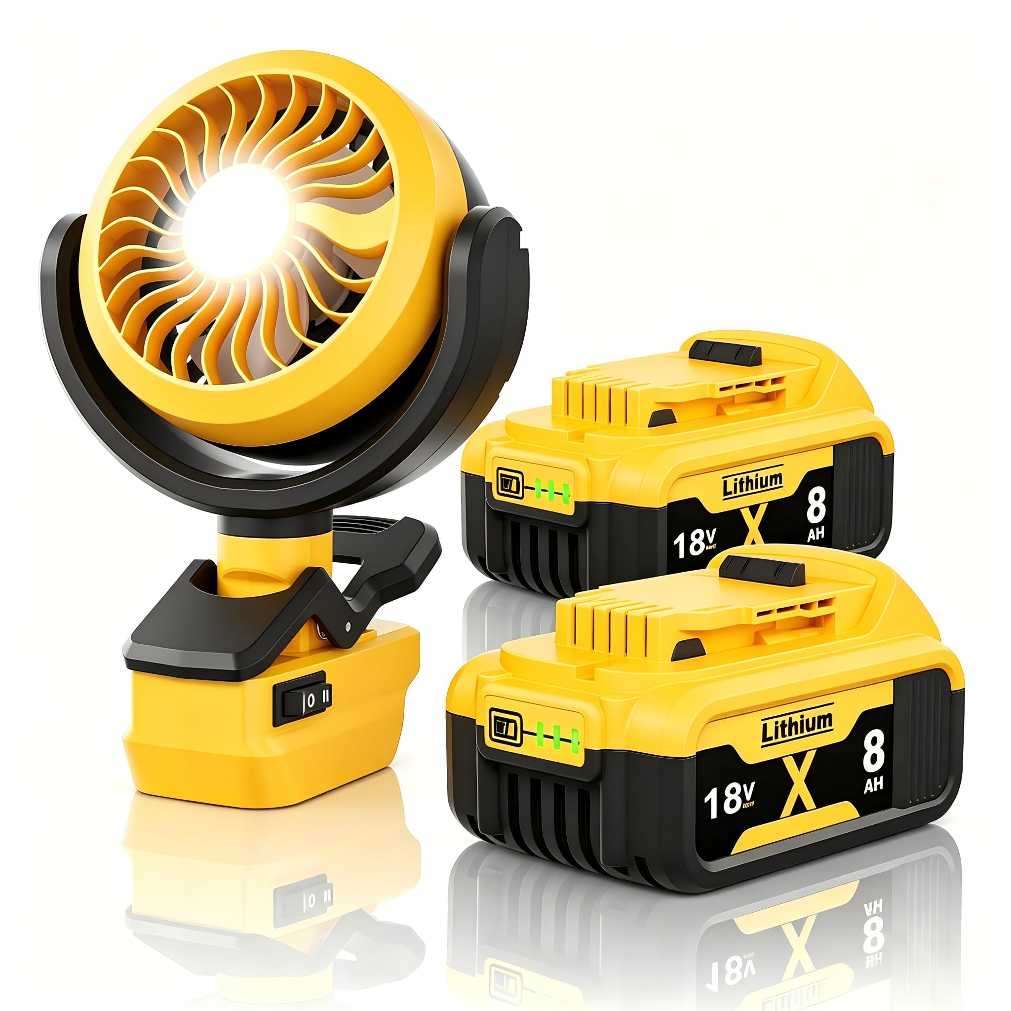 Tragbarer Ventilator mit 2 Stück 8000mAh Ersatzakkus für Dewalt 18V DCB182, Kompatibler Mini Lüfter mit 2 Wind- & Lichtstufen, Leiser Wiederverwendbarer Kühlventilator für Camping, Büro und Outdoor