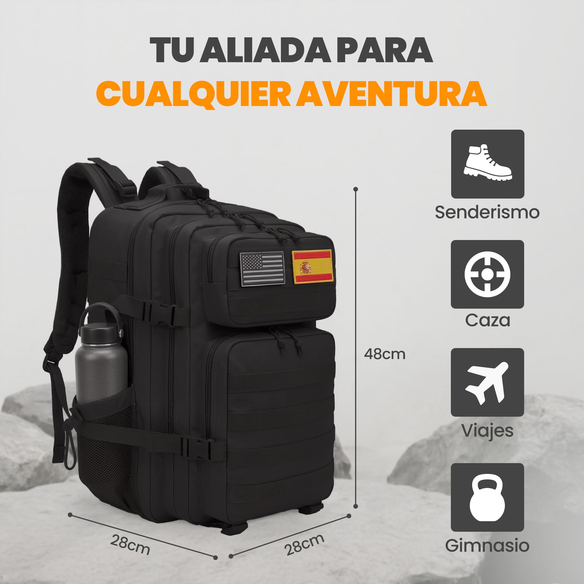 unycos - Mochila Táctica Militar【45L】con Sistema Molle y Bolsillos Laterales, Tela Oxford 900D Resistente, Bolsillos para 3 Días de Emergencias, Caza, Senderismo, Viaje, Crossfit, Gimnasio (Negro)