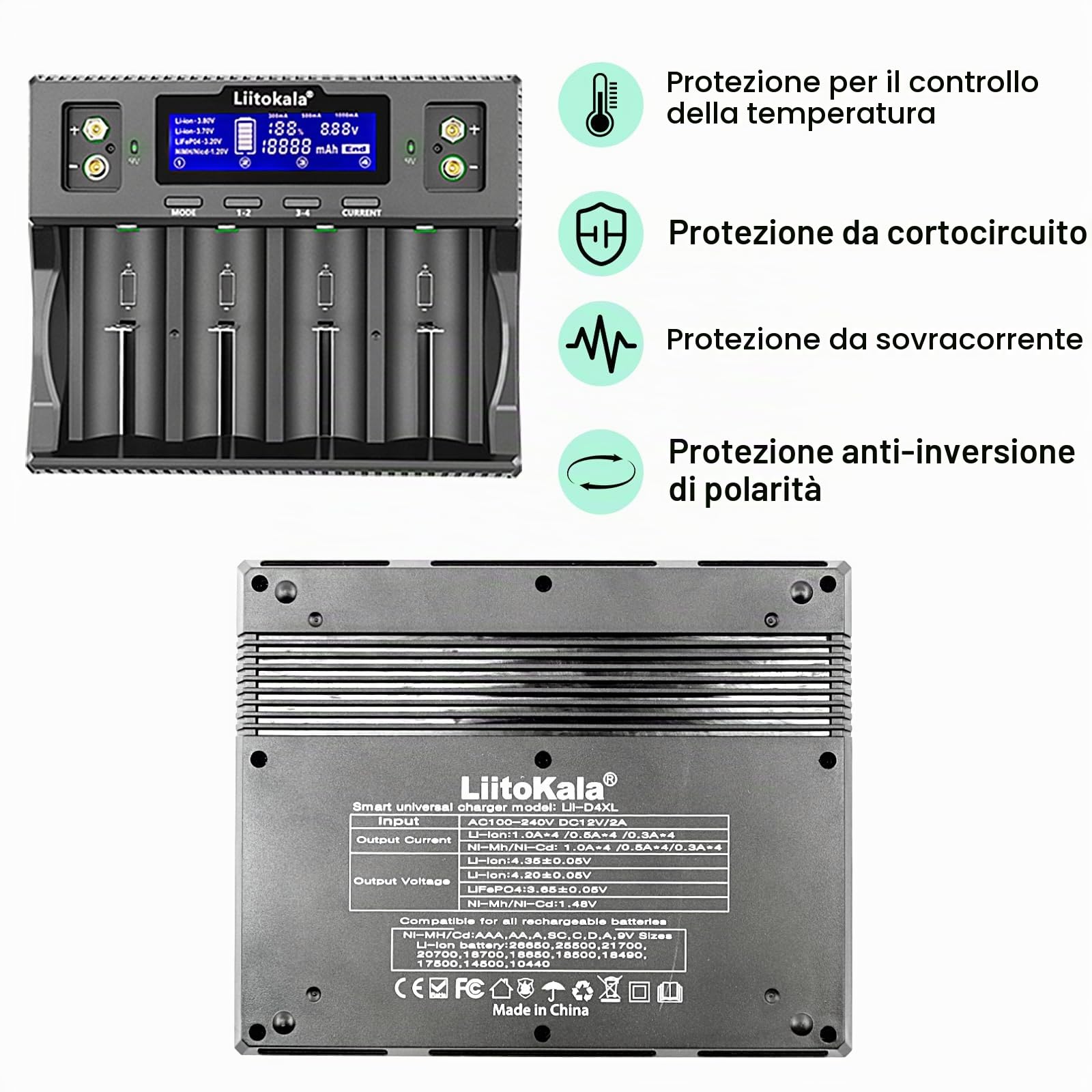 LiitoKala Lii-D4XL Caricabatterie con display LCD, per 14500 18650 26650 32700 AA AAA Li-lion (4.2V) Ni-MH/Ni-CD (1.48V) LiFePO4 (3.65V), potenza di ingresso AC 110-240V DC 12V2A, 4 Bay