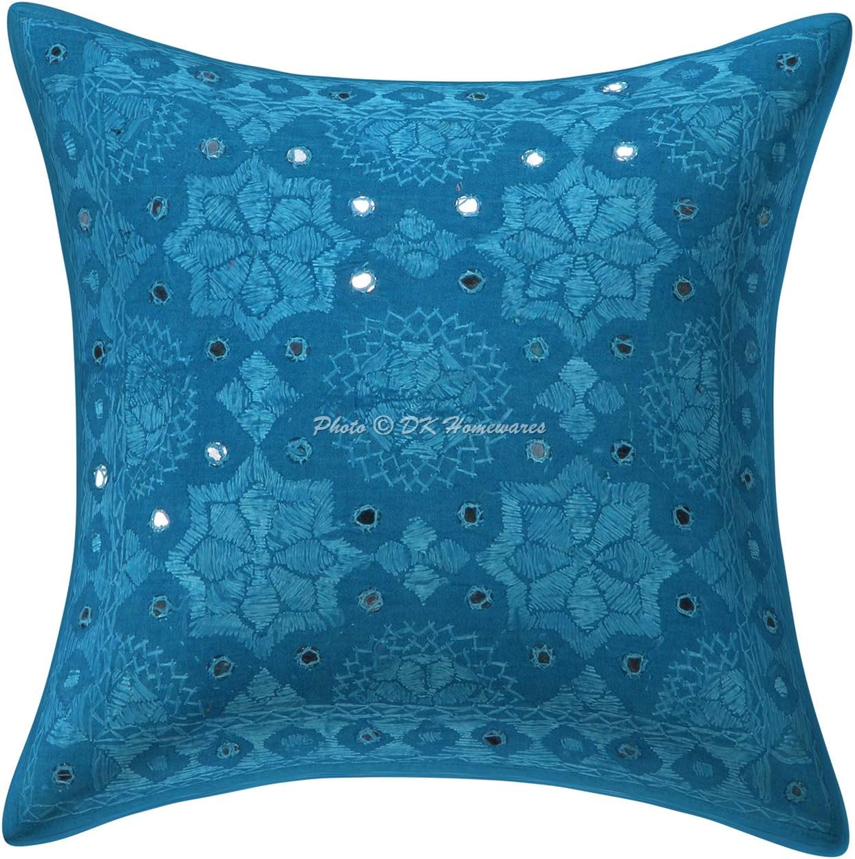 Ethnic Decorative Accent Throw Pillow Covers 16 x 16 Inch Cotton Embroidered Mirrored Boho Square Sofa Cushion Covers (Size - 40x40 cm ; Color: Turquoise) - Set of 5 Pcs (Cover Only)