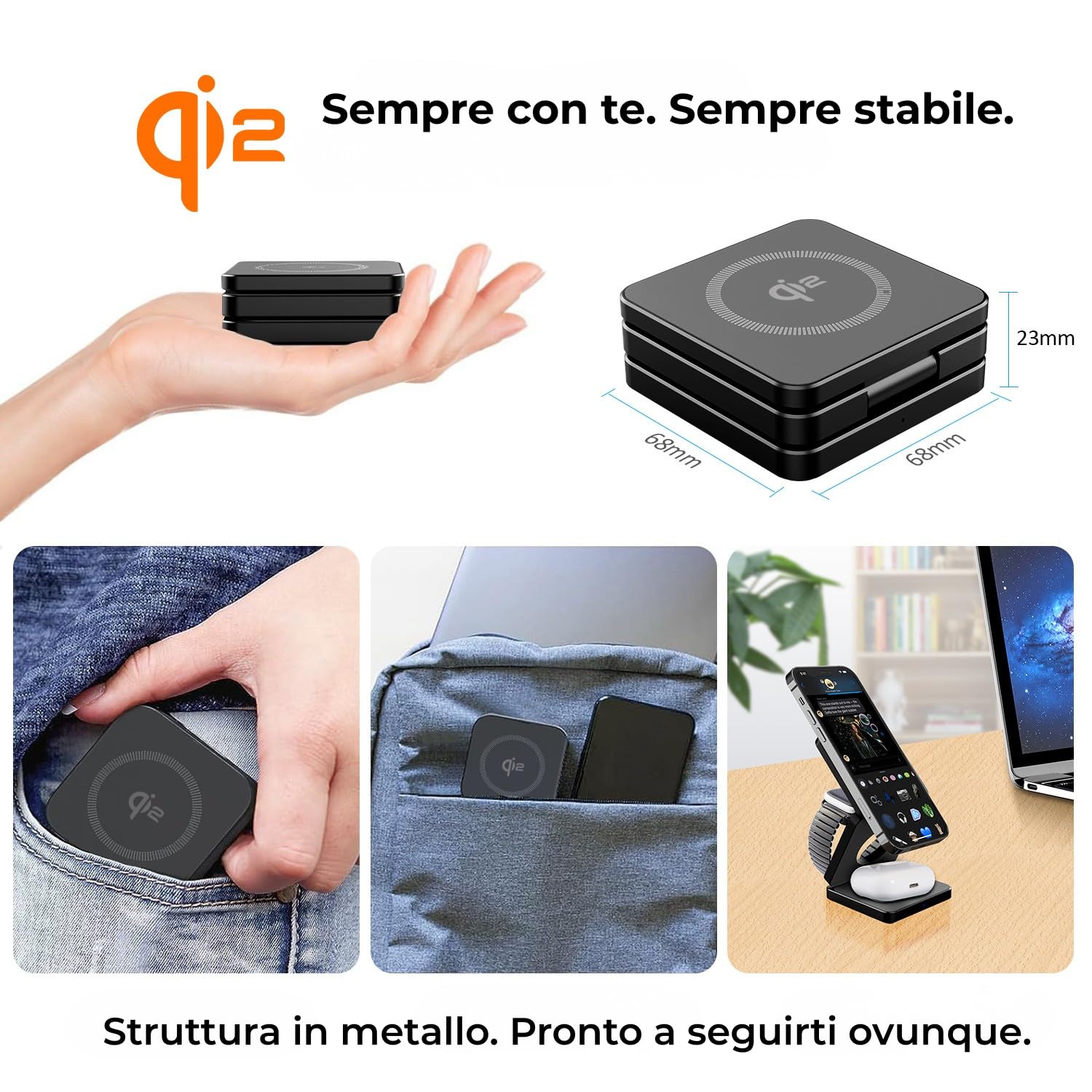 Caricatore Wireless 3-in-1 in Alluminio - Qi2 Certificato con Caricatore 20W, Cavo USB-C e Custodia – Compatibile MagSafe iPhone, Apple Watch, AirPods