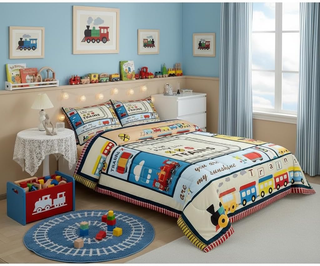 Kids Cartoon Train Comforter Set Full Size,Colorful Train Track Bedding Set 3Pcs for Boys Teens Bedroom Decor,Geometric Patchwork Plaid Quilt Set Transportation Car Duvet Insert,2 Pillowcases