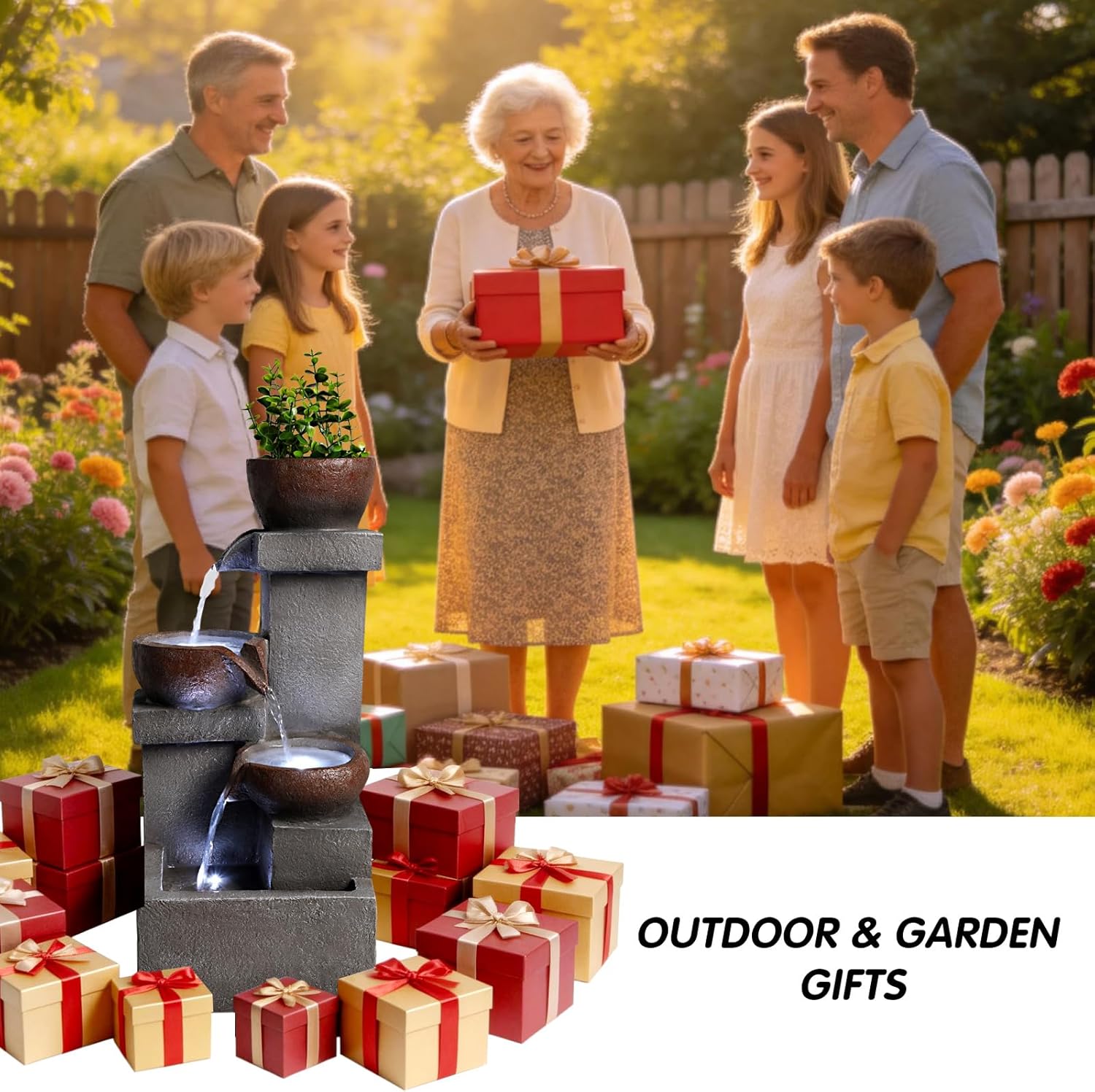 Large Cascading Outdoor Fountain Ground-Standing Fountain Fantastic Design Equipped with LED Lights, Suitable for Gardens Patios Porches and Swimming Pools,Bowl-Step