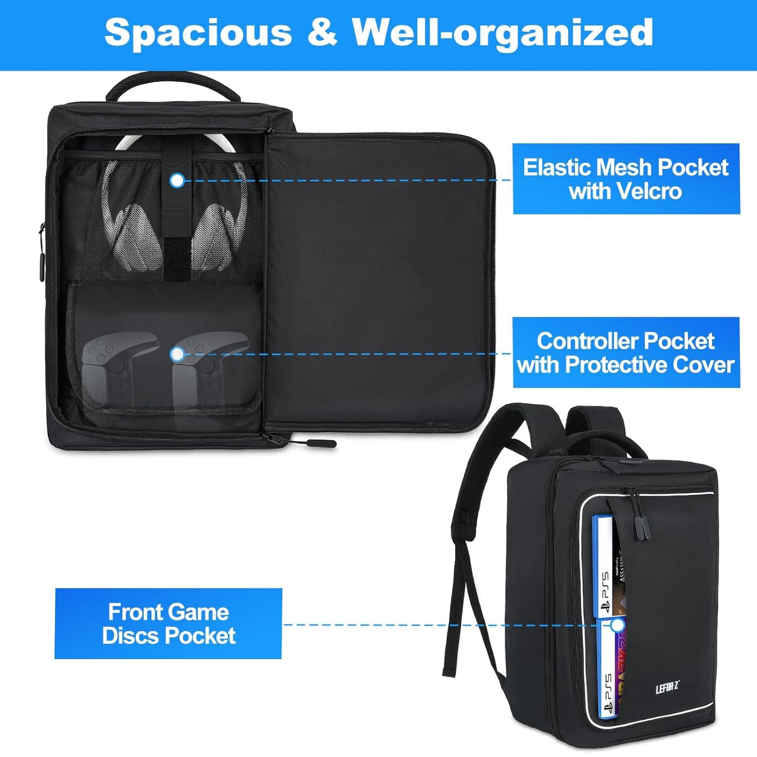 PS5 Rucksack,PlayStation 5 Tasche,Große Reise Tragbar Tasche Aufbewahrung Kompatibel mit PlayStation 5 Konsole,PS5 Disk,Laptop,Headset,Ladegerät und Zubehör,Konsolentasche für PS5 Controller