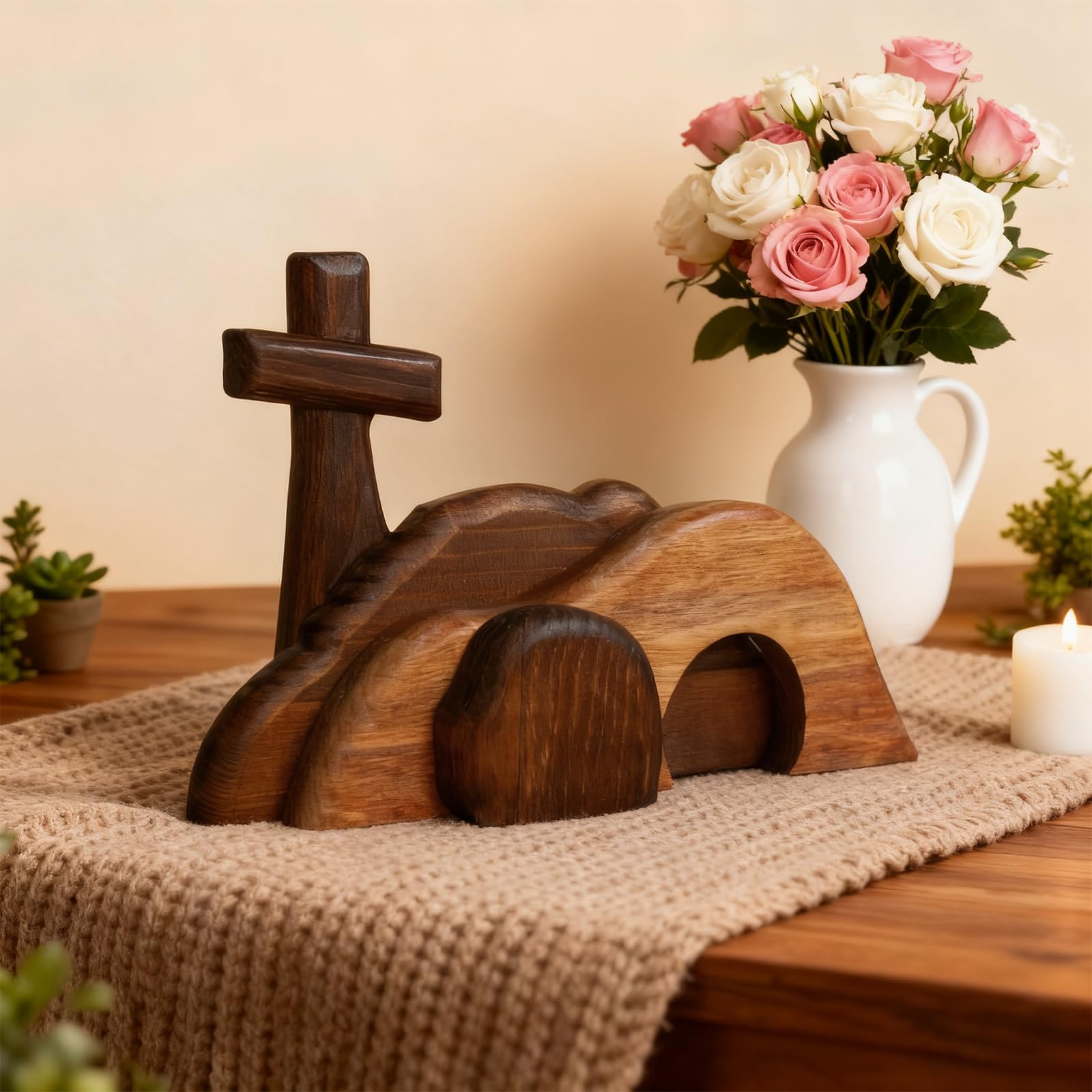 TopLove The Empty Tomb Easter Scene and Cross, Wooden Easter Resurrection Scene Cross Jesus Tomb Tray Set, Jesus Nativity Scene Decor for Religious Home Office Tabletop Christian Gifts