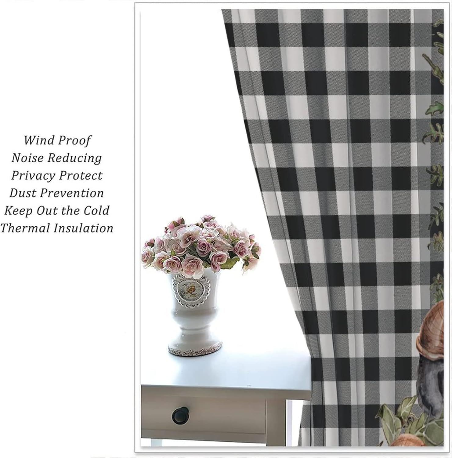 Watercolor Mushroom Blackout Curtains for Bedroom, Green Leaf Mushroom Retro Buffalo Check Plaid Rod Pocket Thermal Insulated Room Darkening Curtains Bedroom Curtains 42x63in