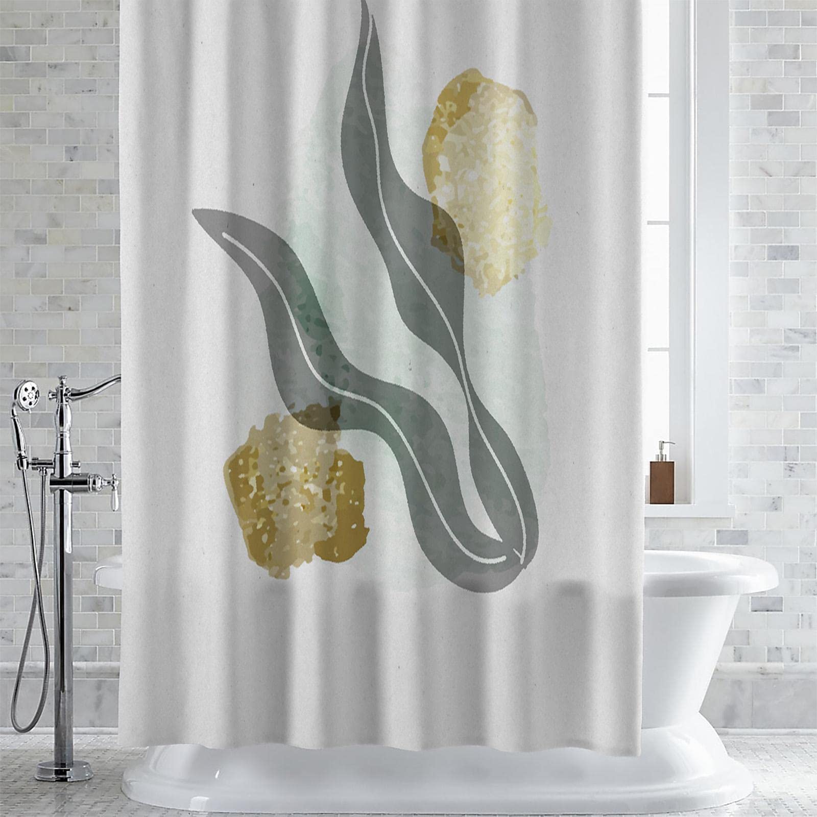 LB Floreale blu e giallo Tenda Doccia 150x180cm(LxA) Fiore selvatico estetico Tende da Bagno con Ganci, Pianta verde nera Corto Impermeabile Antimuffa Poliestere Casa Decorazione