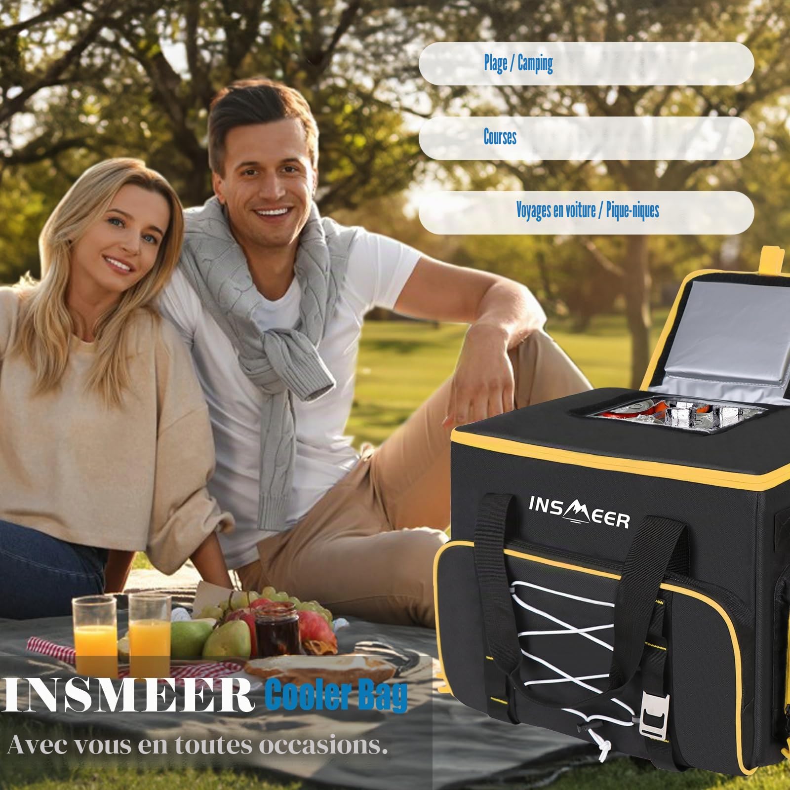 INSMEER Grand Sac Isotherme 45L, 55 Cans, Sac à Glace Anti-Fuite Pliable avec décapsuleur, Taille XXL, pour Camping, Plage, Pique-Nique
