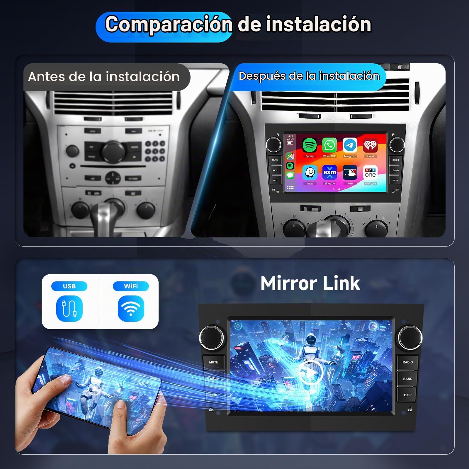 Hodozzy Carplay Radio Coche para Opel Astra Antara Vectra Corsa Zafira Meriva Vivaro Combo,7 Pulgada Touchscreen con/Mirror Link WiFi/GPS/RDS/FM/Bluetooth/USB+Camara Marcha Atras,Negro,2G+64G