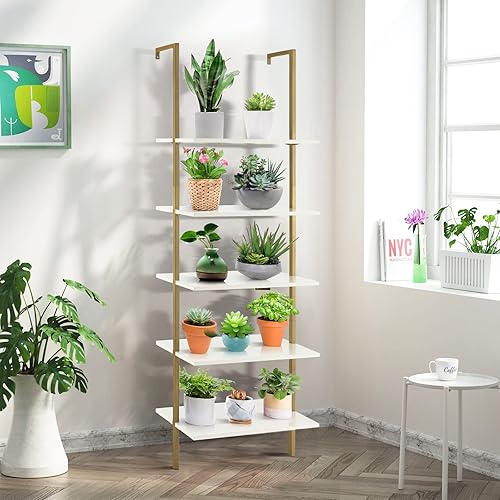 Miniatura 8 de GOFLAME Estante de escalera de 5 niveles, estantería montada en la pared con marco de acero, elegante estantería, estantes de almacenamiento