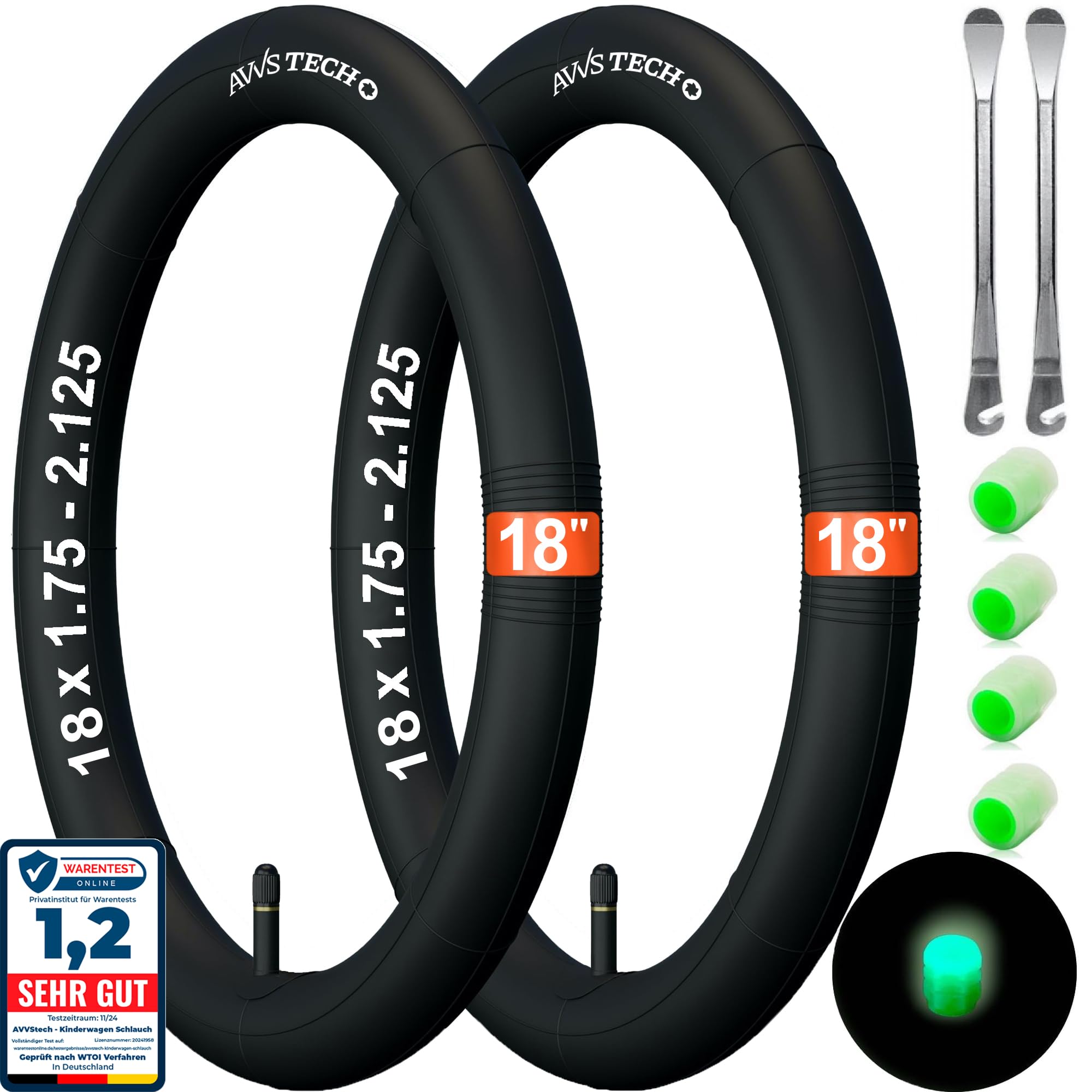 18 х 1.75-2.125 Schlauch Kinderfahrrad, Klapprad und Fahrradanhänger 18 Zoll 18x1.75/1.95/2.125 mit Auto Ventil 32 mm Inklusive 2 Montierhebel 2 Stück Packung Kompatibel mit 18 Zoll Sport & Freizeit