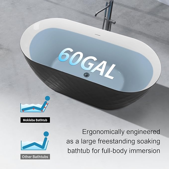 59" Acrylic Freestanding Bathtub，Double Ended Shape lozenge texture Bathtub with Integrated Slotted Overflow, Toe-Tap Chrome Drain, cUPC Certified,Black