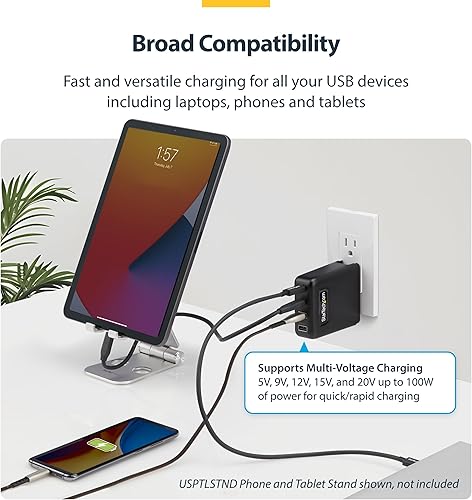 Miniatura 7 de StarTech.com Cargador de pared USB-C de 100 W, 2 USB C/2 USB-A, USB PD 3.0, cargador GaN portátil de carga rápida, adaptador de corriente para