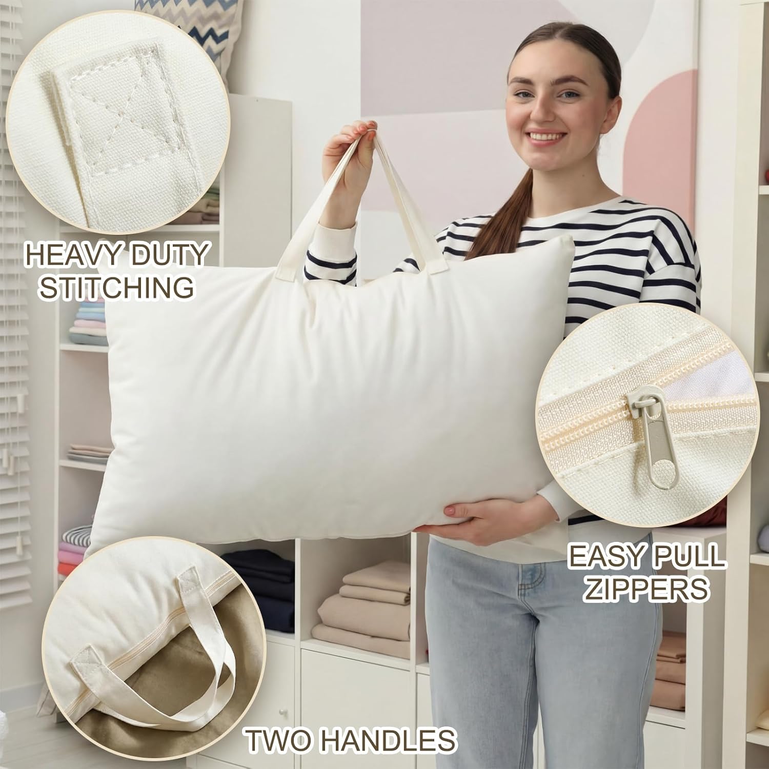 2 Pack 100% Cotton 20" x 36" Canvas Pillow Storage Bag with Handles for Home Travel White Beddings Comforters Blankets Saree Linens Organizer Thick Soft Breathable Closet Organizer Bag