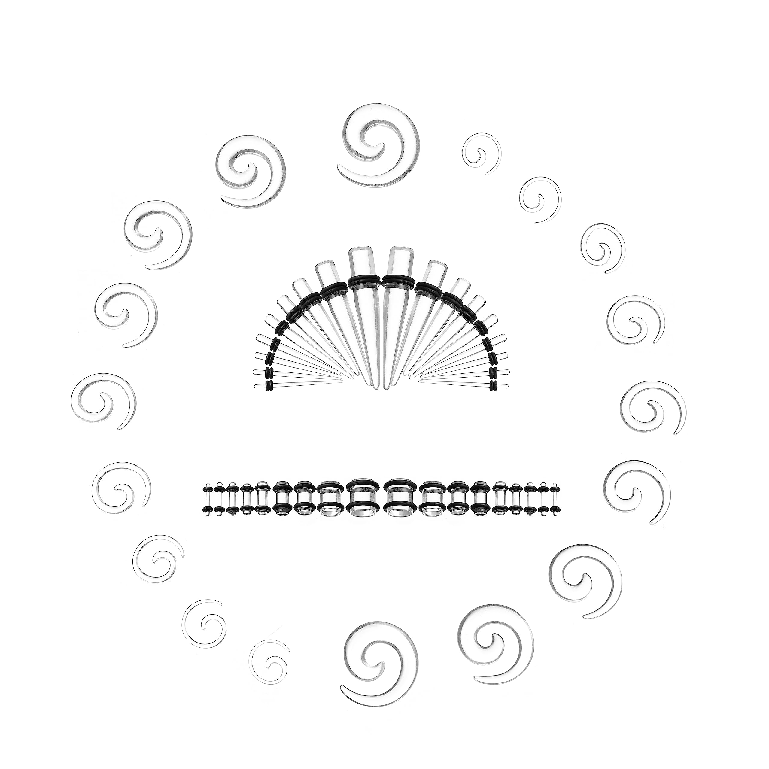 Memsion Ear Stretching Kit, 54 Pieces 14G-00G Gauges Expander Set, Acrylic Spiral Tapers Plugs Body Piercing Kits, Transparent Clear