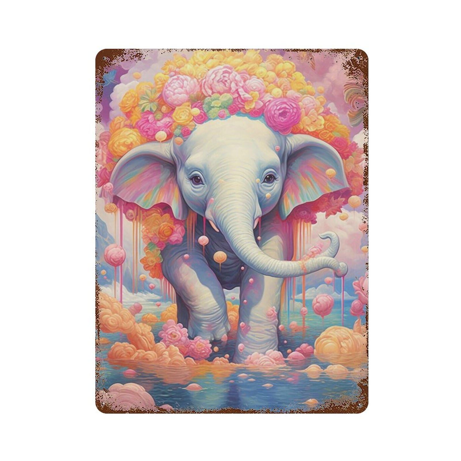 Garage Style Colorful Elephant Art Print-3 Decorative Tin Sign 15.7"x11.8", Shabby Chic Decor for Bar And Workshop