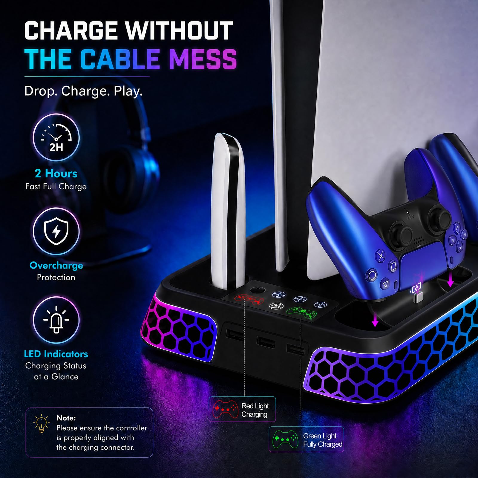 Soporte para PS5 con estética hexagonal RGB, estación de refrigeración PS5 para consola digital PlayStation 5 Slim Pro Disc con ventilador de refrigeración, controlador dual, cargador rápido USB