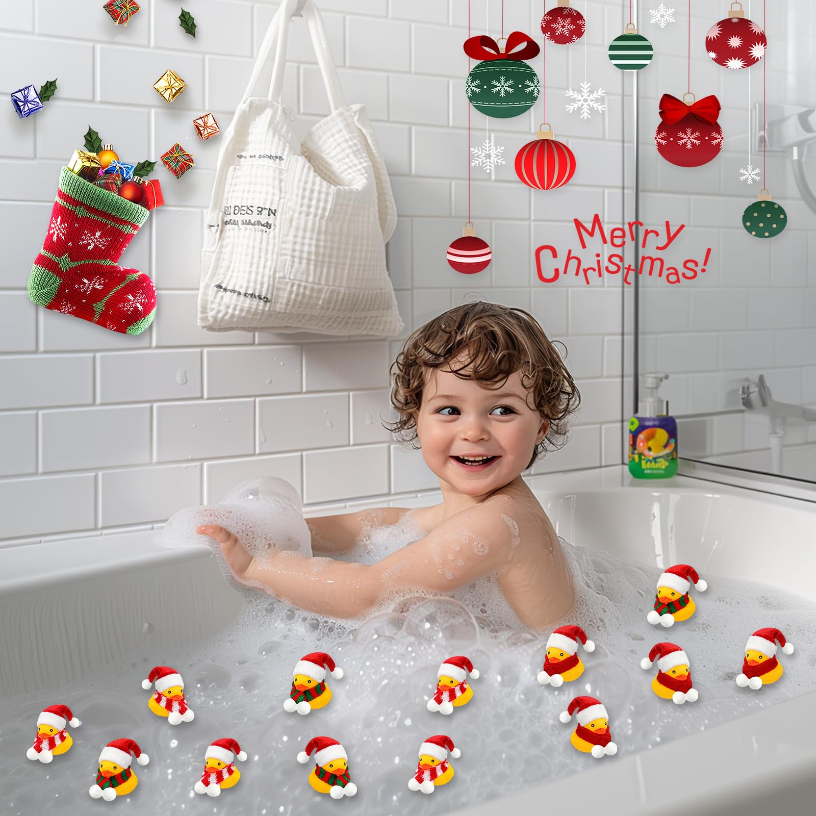 BORFUE 12pcs Christmas Mini Duckies Mini Santa Duckies with Hats Scarves Cute Bath Toys for Christmas Party Stocking Stuffers Baby Shower - Image 4