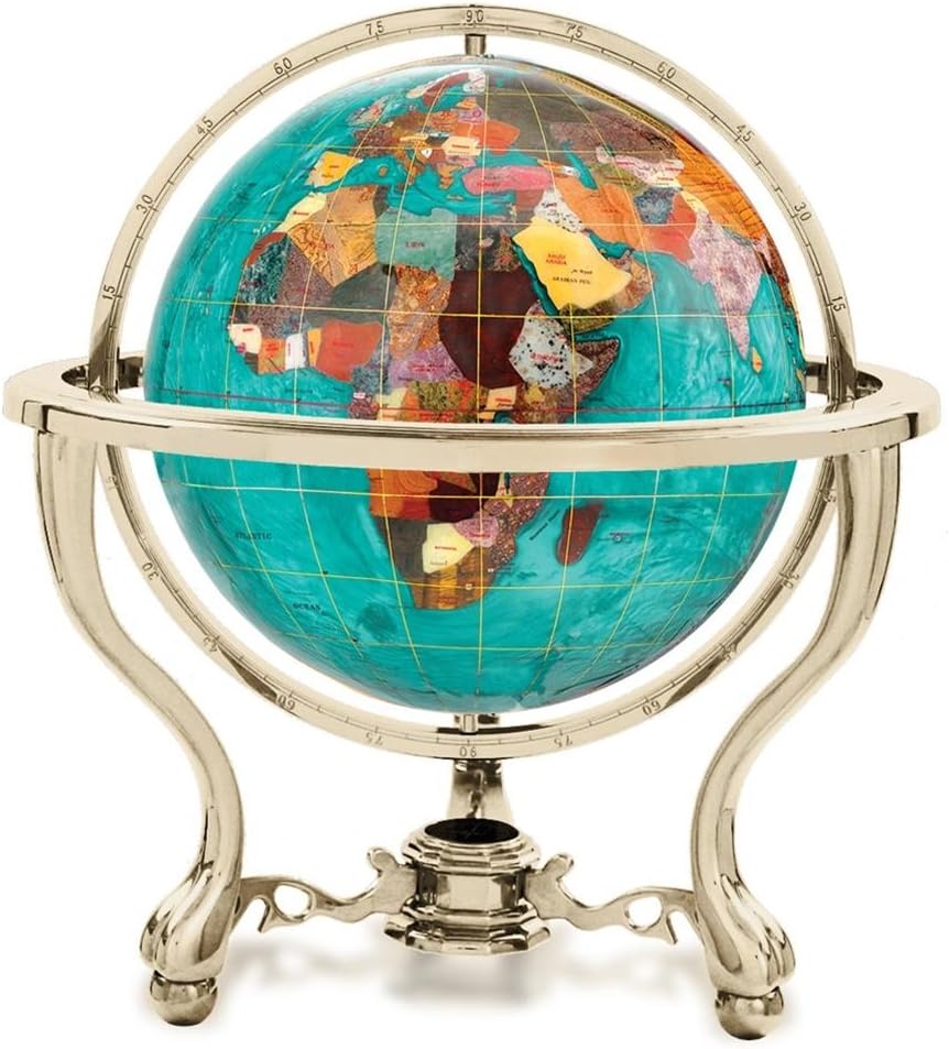 Gemstone Globe with Gold Colored Commander 3-Leg Table Stand, Bahama Blue Opalite Ocean, 9-Inch