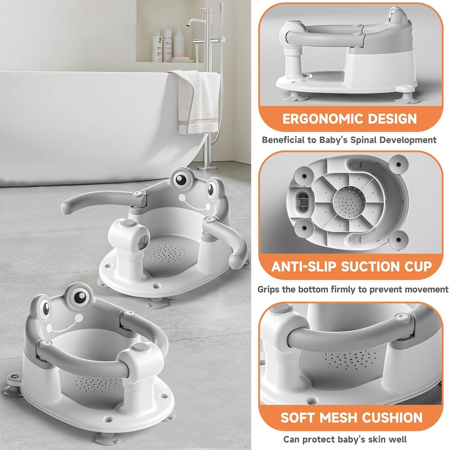 Asiento de Baño para Bebé 6-24 Meses, Silla Baño Bebe con 4 Fuertes Ventosas, silla de baño portátil para ducha o bañera, Respaldo Ergonómico, Regalo para Recién Nacidos y Nuevas Madres