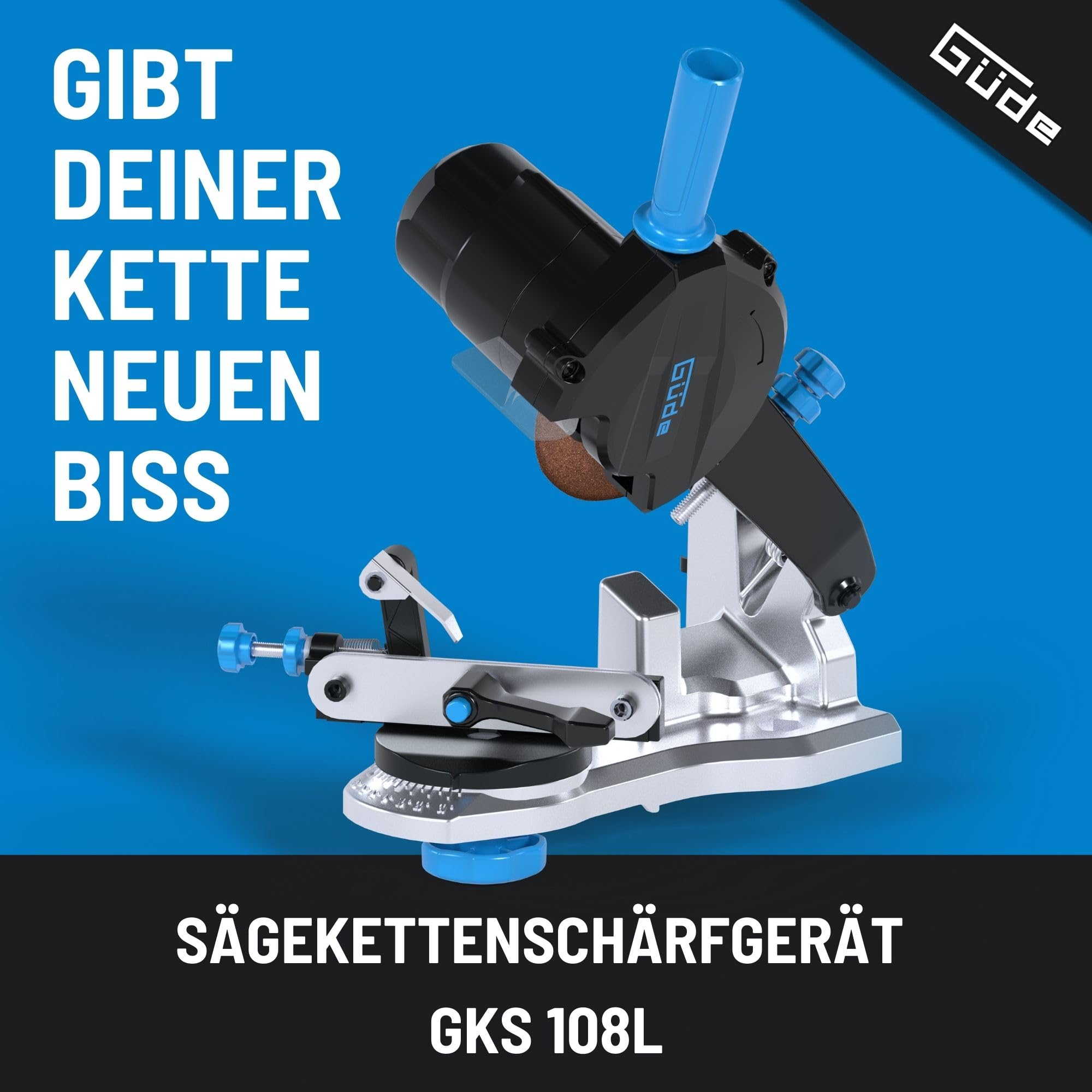 Güde Afilador de cadena de sierra GKS 108 L – 230 V, 85 W, 5000 rpm, diámetro del disco 10,8 centímetros, ángulo de afilado de hasta 35 grados izquierda y derecha, luz de trabajo LED, base de aluminio