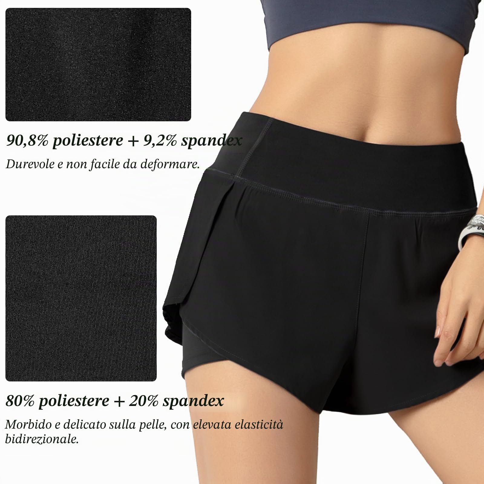 Pantaloncini da corsa 2 in 1 da donna, ad asciugatura rapida, con tasca per telefono, per allenamento, atletica, jogging, palestra, yoga, con fodera interna