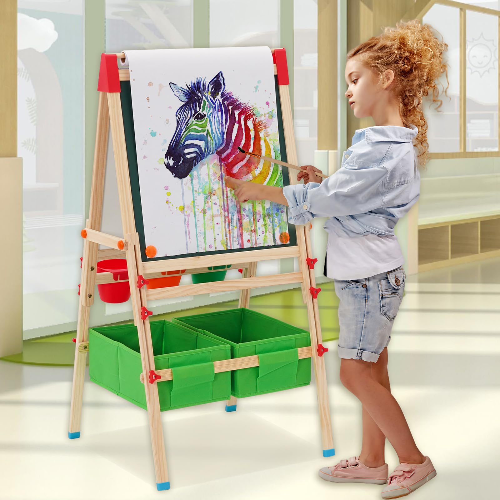 Caballete para Niños 3en1,Caballete Pintura Niños de Altura Ajustable. Pizarra para Niños con Rollo de Papel,Pinceles, Números y Letras,Bolsa de Almacenamiento.Regalos para kids Mayores de 3 Años