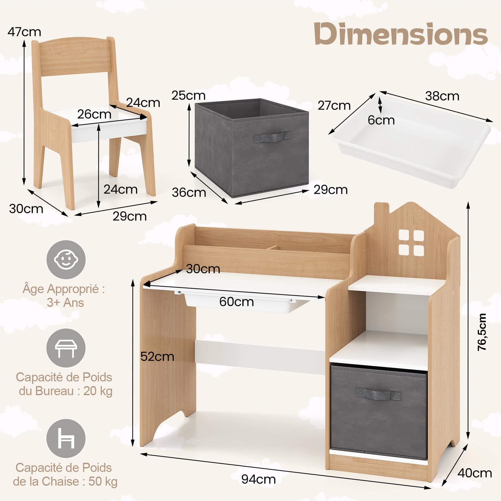 GOPLUS Bureau Enfant Fille Garçon en Forme de Maison, Table Enfant avec Chaise Ergonomique, Bureau d'Étude avec Rangement, Étagère et Tiroirs, pour Chambre et Maternelle (Naturel)