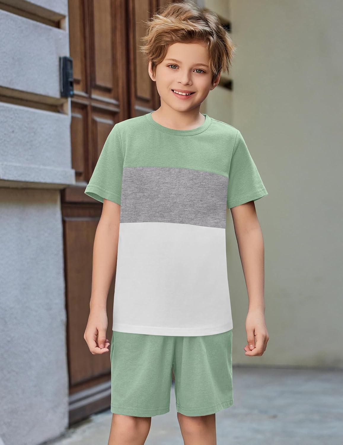 Arshiner Boys' 2-Piece Cotton Outfit Color Block T-Shirt and Shorts Set Casual Summer Clothes for Kids 6-14 Years - Image 2