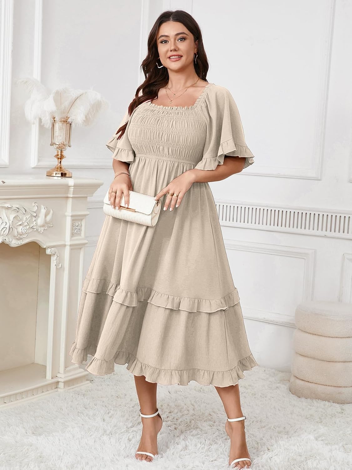 SCOMCHIC Women's Plus Size Maxi Dresses Summer Short Sleeve Square Neck Smocked Wedding Guest Cocktail Boho Long Dress - Image 5
